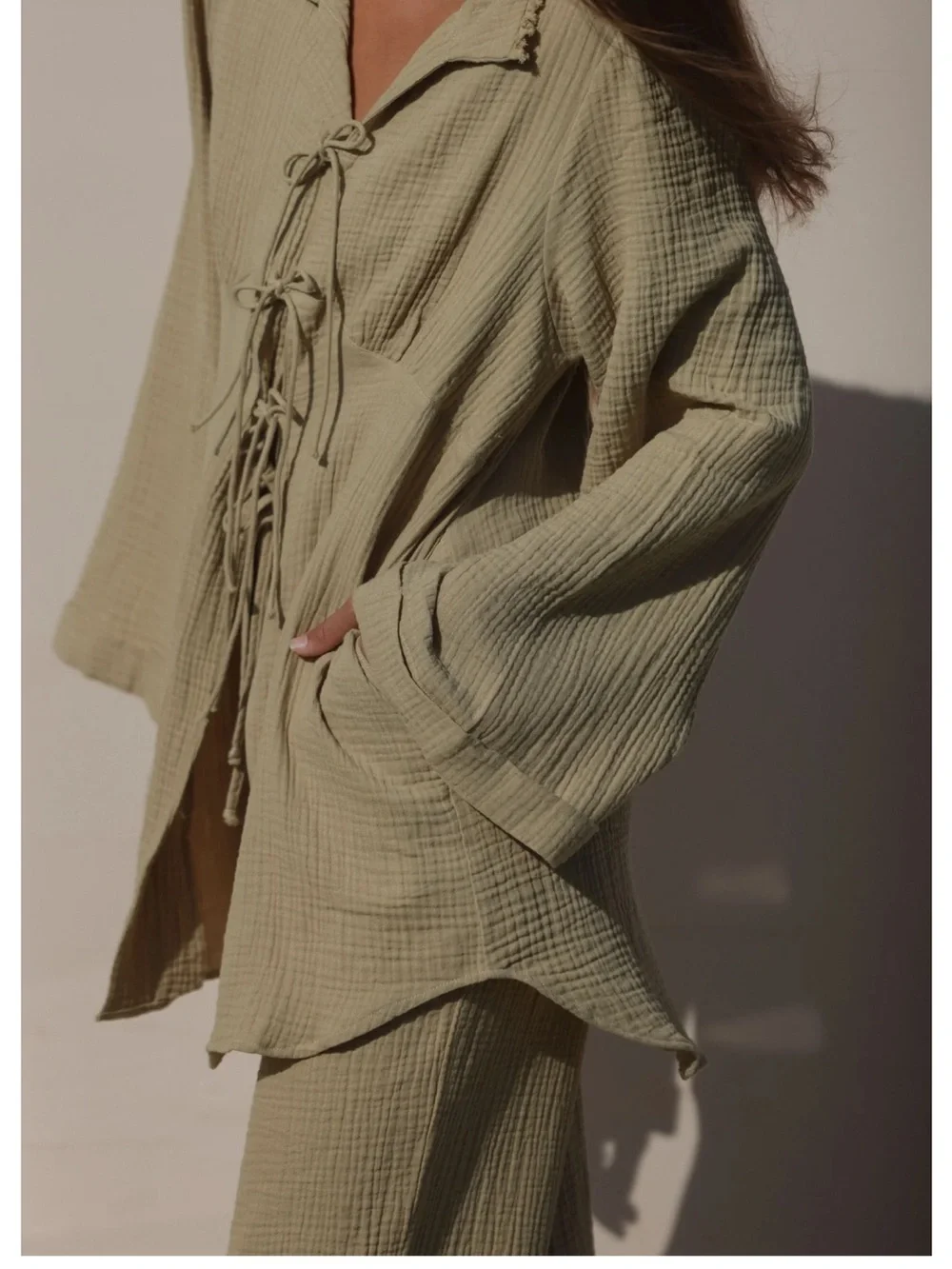 Strait the Label POEMA TAN COLLARED TIE BLOUSE